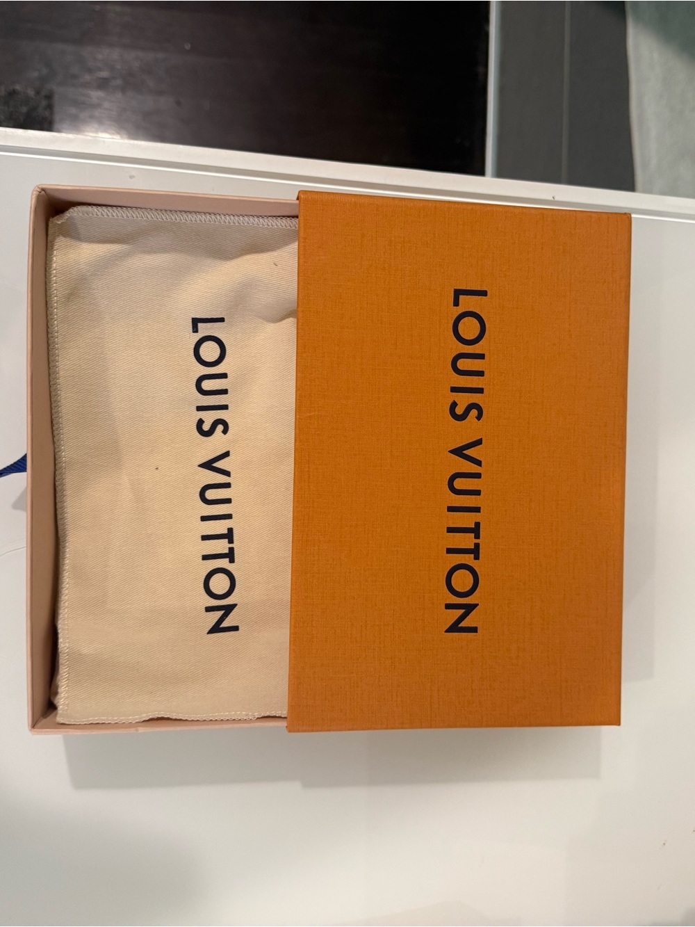 Louis Vuitton Orange Box with Navy Logo and dust bag